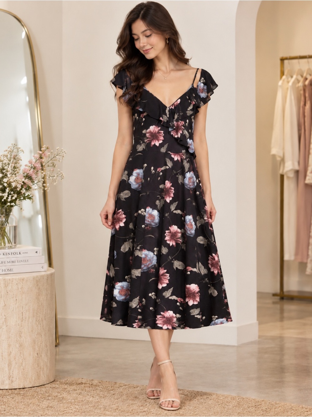 Soprano Black Floral Ruffle Midi Dress Size-Small Feminine Vintage-Inspired